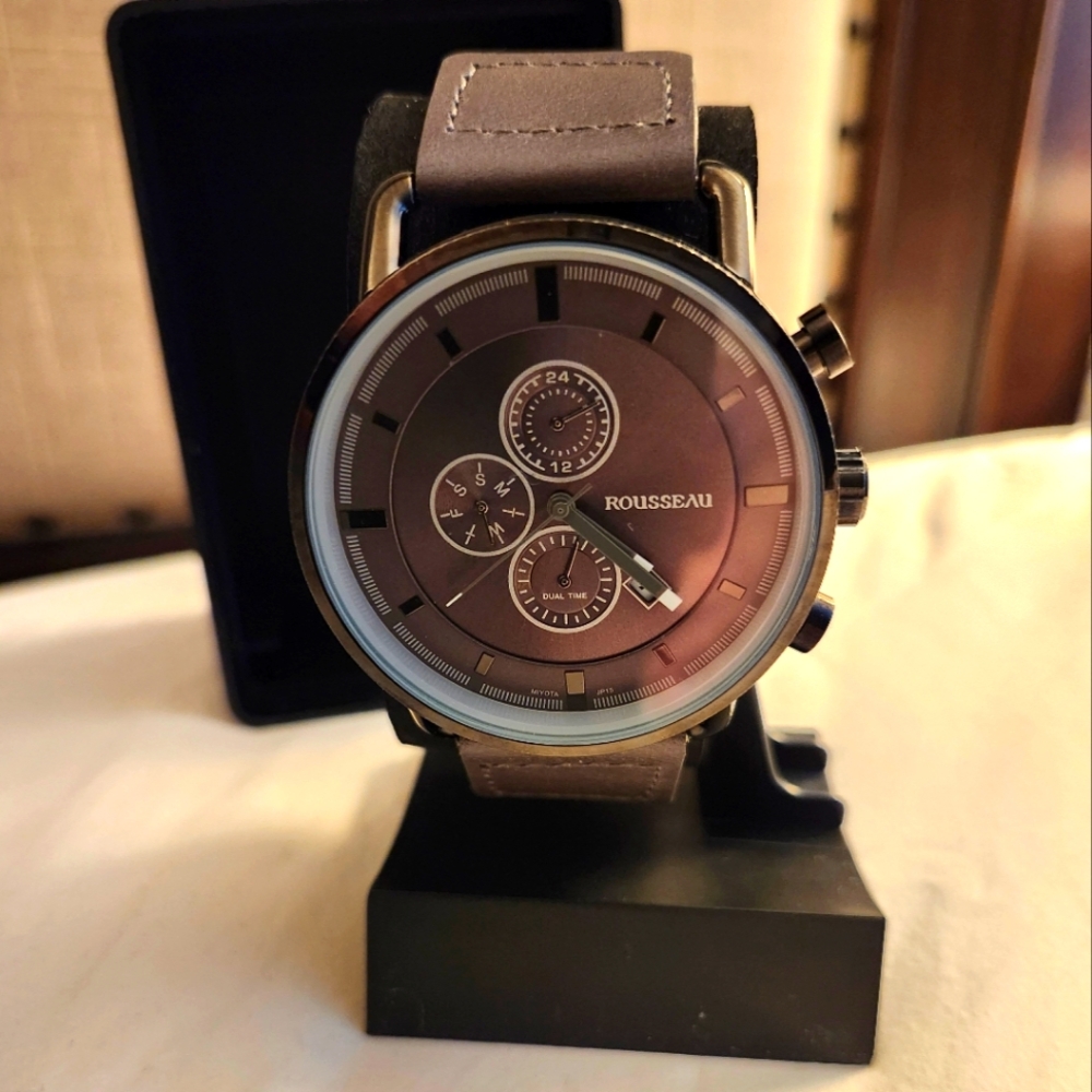 New Rousseau Automatic Watch Charcoal Gray Leather Band Graphite Bronze Tones